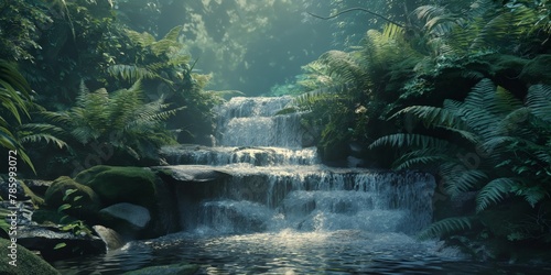 Gentle streams of water cascading down a series of steps in a lush fern-covered forest