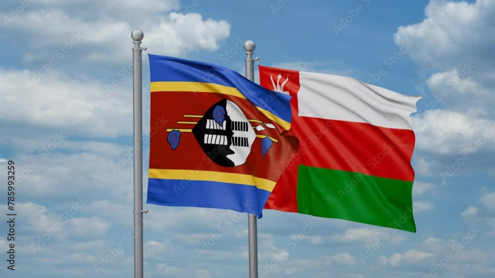 Oman and Eswatini two flags waving together, looped video, two country cooperation concept Oman and Eswatini two flags waving together, looped video, two country cooperation concept