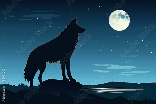 Silhouette of wolf in the mountains at night,  Vector illustration
