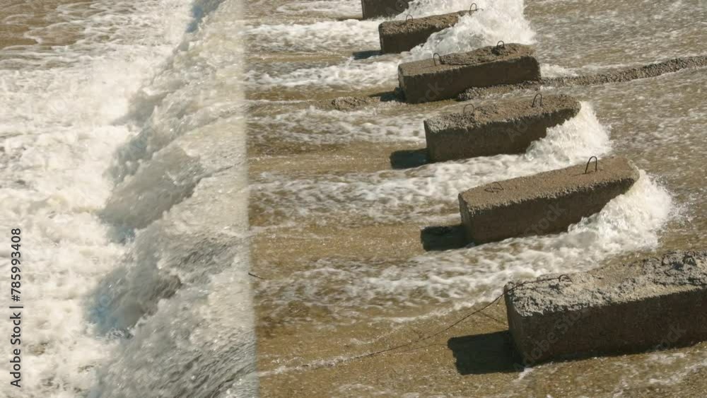 row of chute dentate blocks in concrete water spillway channel slope slowing down the flow of water running down. row of chute dentate blocks in concrete water spillway channel slope slowing down the flow of water running down.