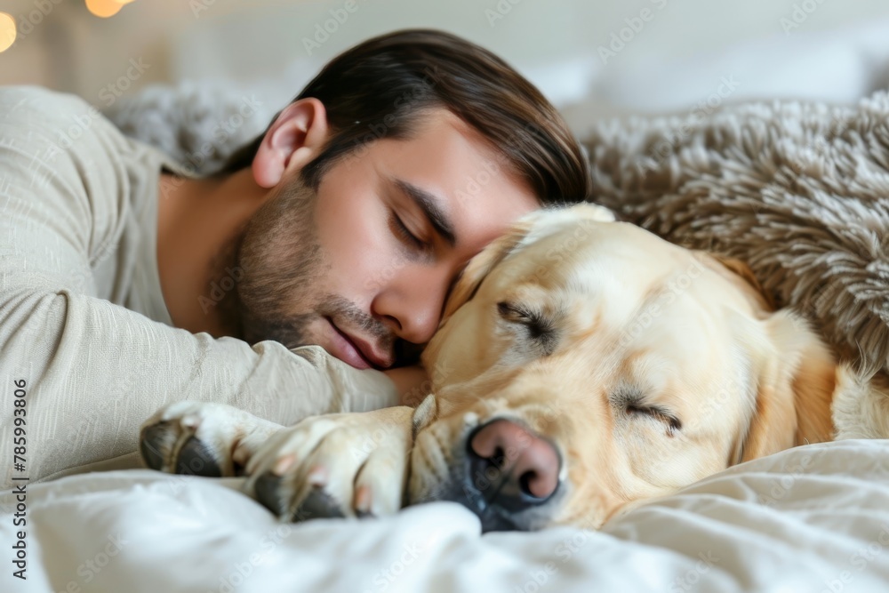Peaceful scene of a young man and a dog sleeping together on a cozy white bed at home Peaceful scene of a young man and a dog sleeping together on a cozy white bed at home