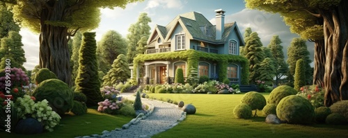 tranquil estate home surrounded by lush green gardens. photo