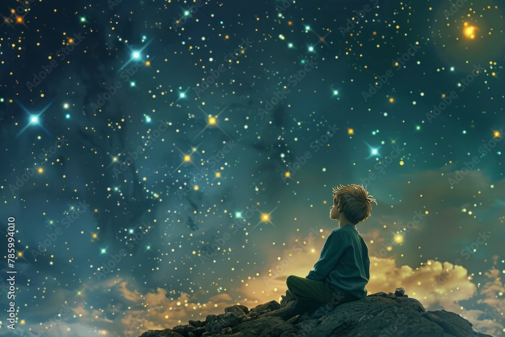 Little Prince gazing at the stars and contemplating the mysteries of the universe. Little Prince gazing at the stars and contemplating the mysteries of the universe.