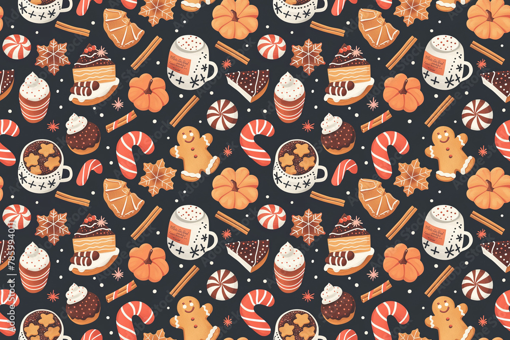 Fototapeta premium Cozy winter treats seamless pattern with festive sweets