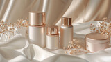 Assorted rose gold cosmetic containers with floral accents