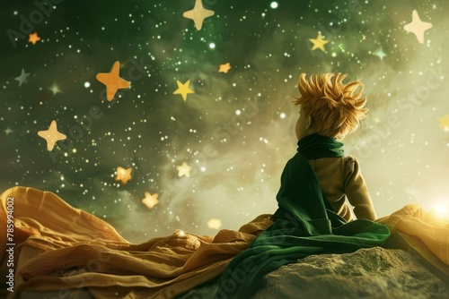 Little Prince gazing at the stars and contemplating the mysteries of the universe.  photo