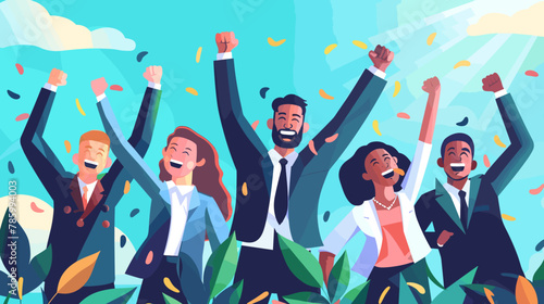 Triumphant Business Leader Celebrating Success with Diverse Team, Victorious Colleagues Cheering and Giving High Fives in Modern Office Setting photo