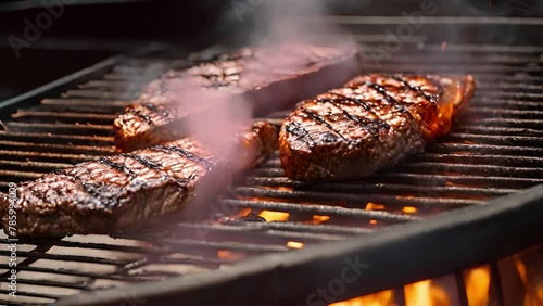 BBQ or barbeque steak ribbes on top of a grill place. It is good activity for spring and summer time. BBQ party meat on the grill in the summer outside. Close up on flames burning and cooking the stea photo