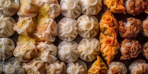 Delicious variety of dumplings viewed from above, showcasing different fillings and dough textures in a dark setting