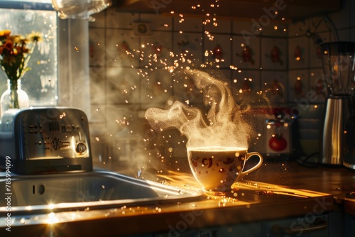 A cup of coffee in a kitchen, with levitating splash drops frozen in mid-air in a sunlit