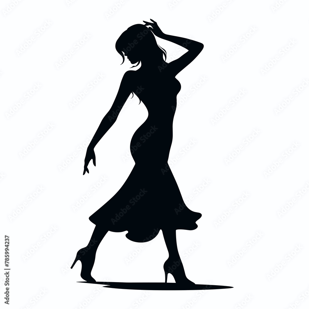Black silhouette of a dancing girl on a white background with a small shadow Black silhouette of a dancing girl on a white background with a small shadow