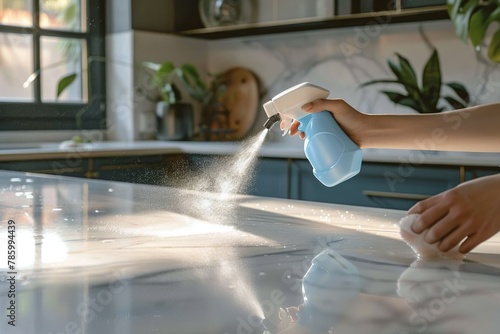 Person effortlessly wiping down countertops with a brand-name cleaning spray, emphasizing ease of use  photo