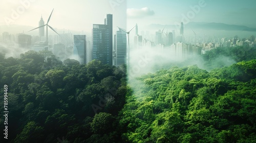 A futuristic cityscape blends with lush greenery  symbolizing sustainable urban living. AIG41