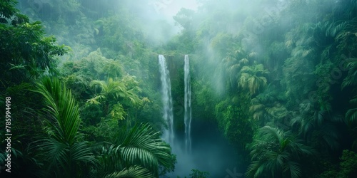 Ethereal view of a fog-covered jungle with twin waterfalls cascading into a hidden pool photo