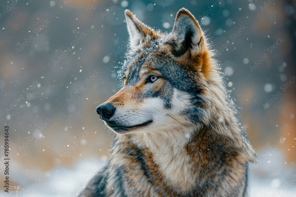 Close-up portrait of a wolf in the forest in winter