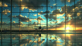Airplane Silhouette Against Breathtaking Sunset Sky Viewed from Modern Airport Terminal