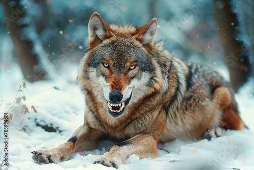 Portrait of a wolf in the winter forest   Wild animal