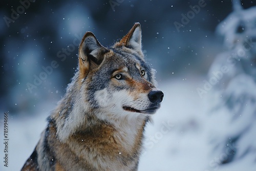 Close-up portrait of a wolf in the winter forest, Canis lupus sign