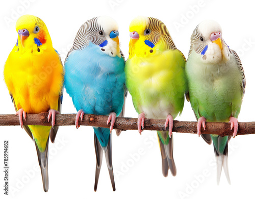 Colorful budgerigars on a perch isolated on transparent background photo