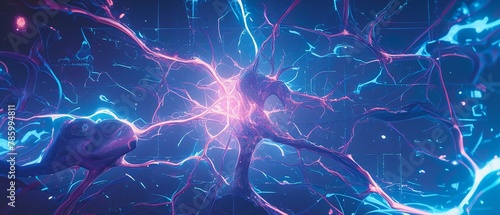 A digital artwork visualizing the nervous system of a frog, with electric hues tracing the pathways of nerves