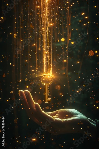 A hand holding a key suspended in a beam of light, with particles around it coding into cryptographic sequences