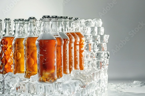 Bottles of beer with ice cubes on white background, closeup