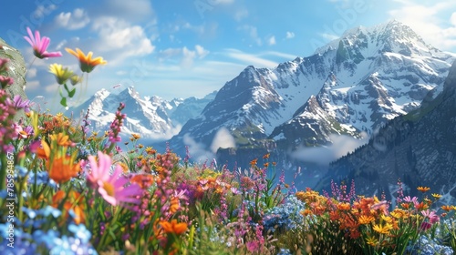A majestic mountain range draped in a blanket of colorful wildflowers, with rugged peaks piercing the azure sky in a breathtaking display of natural beauty