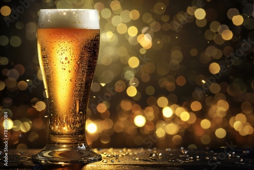 Glass of beer on bokeh background with copy space for text