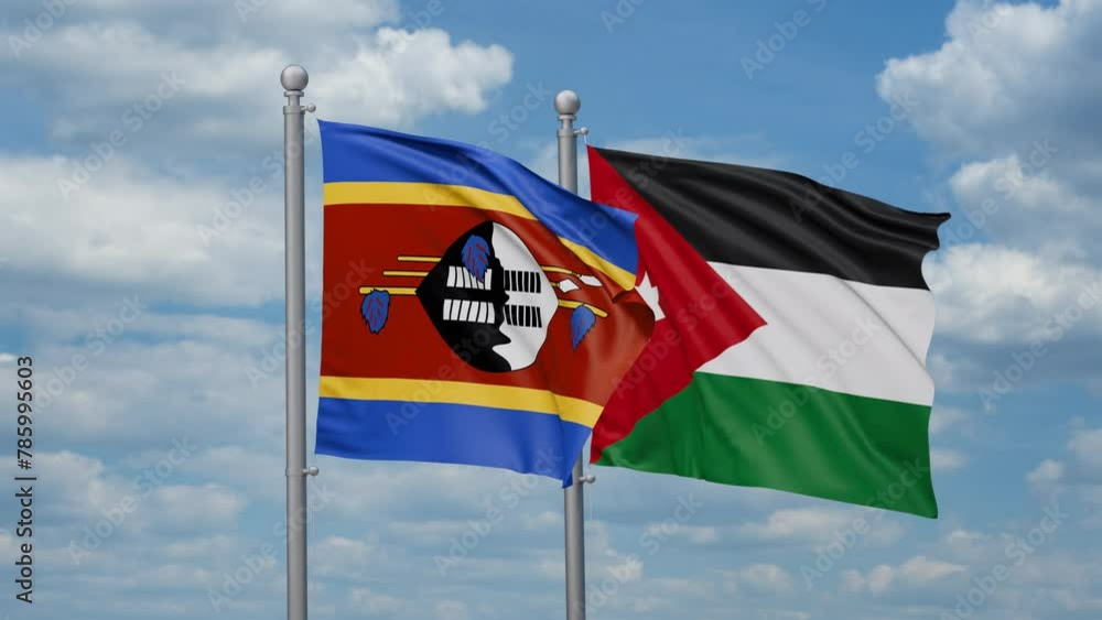 Jordan and Eswatini two flags waving together, looped video, two country relations concept Jordan and Eswatini two flags waving together, looped video, two country relations concept