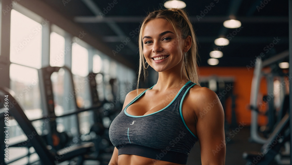 Beautiful young woman wearing a sports bra is smiling while looking at the camera with a gym interior in the background
