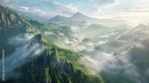 A majestic mountain range shrouded in mist and bathed in the soft glow of sunrise, with rugged peaks piercing the sky and verdant valleys spread out below, a scene of timeless beauty 