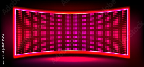 Red tv led screen with light texture background. Video digital rectangle panel on wall with dot grid and neon pink diode. Lcd frame in studio for television music concert or club disco show backdrop