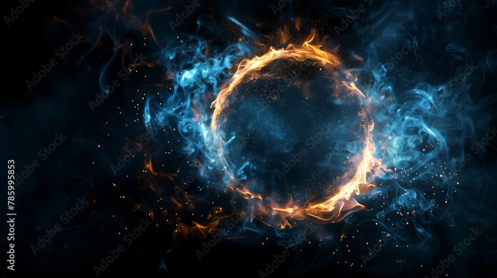 Ethereal sphere with blue and orange smoke. Abstract energy motion effect with sparks for fantasy or science fiction themes. - obrazy, fototapety, plakaty 