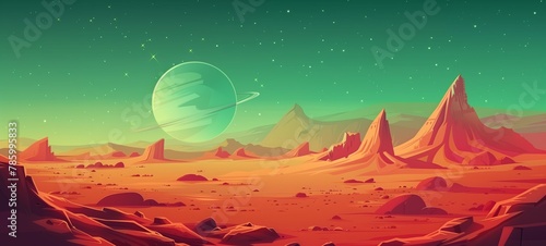 Mars-like desert landscape under a large ringed planet. Vivid space backdrop for astronomy or science fiction visuals.