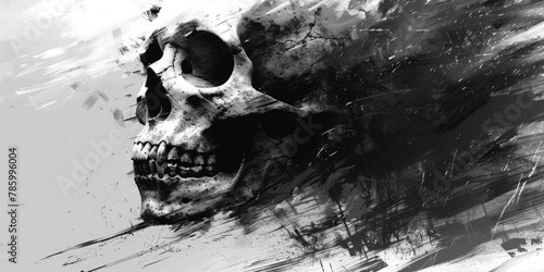 Black and white skull in intricate detail, showcasing contrast and texture.