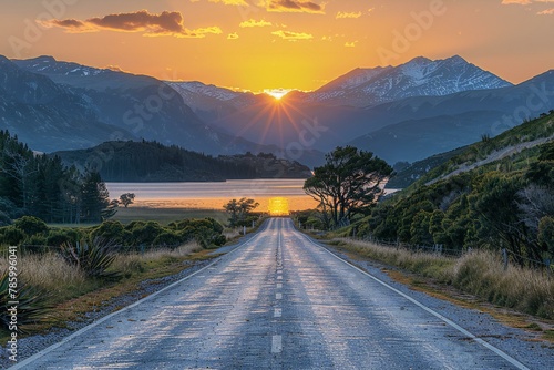 Road to Queenstown at sunrise, South Island, New Zealand