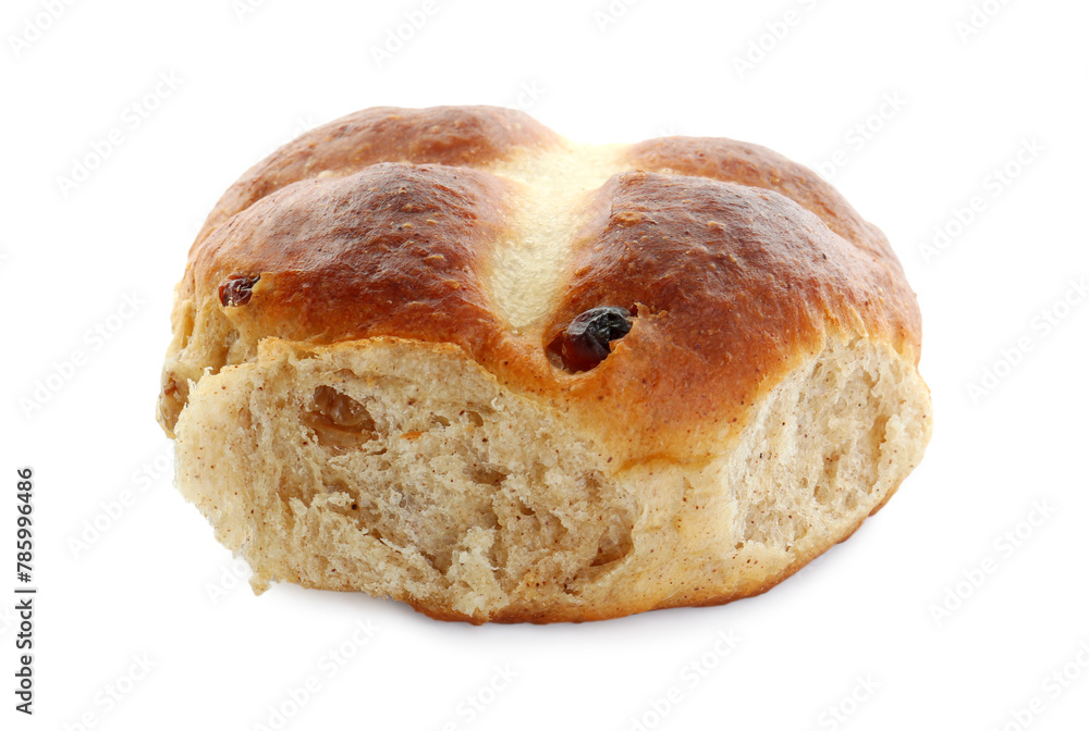 One tasty hot cross bun with raisins isolated on white One tasty hot cross bun with raisins isolated on white