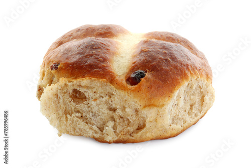 One tasty hot cross bun with raisins isolated on white