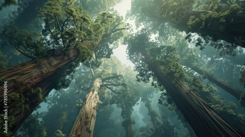 A majestic redwood forest reaching towards the sky, with towering trees cloaked in moss and ferns casting a verdant glow over the forest floor below.