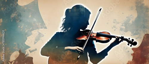 Woman playing violin music instrument on grunge background. Double exposure contemporary style minimalist artwork collage illustration. photo