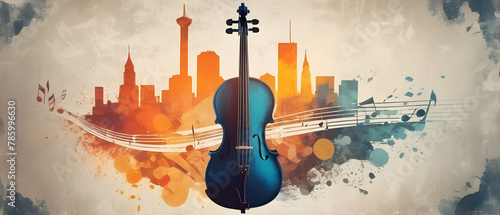 Violin music instrument on grunge background. Double exposure contemporary style minimalist artwork collage illustration. photo