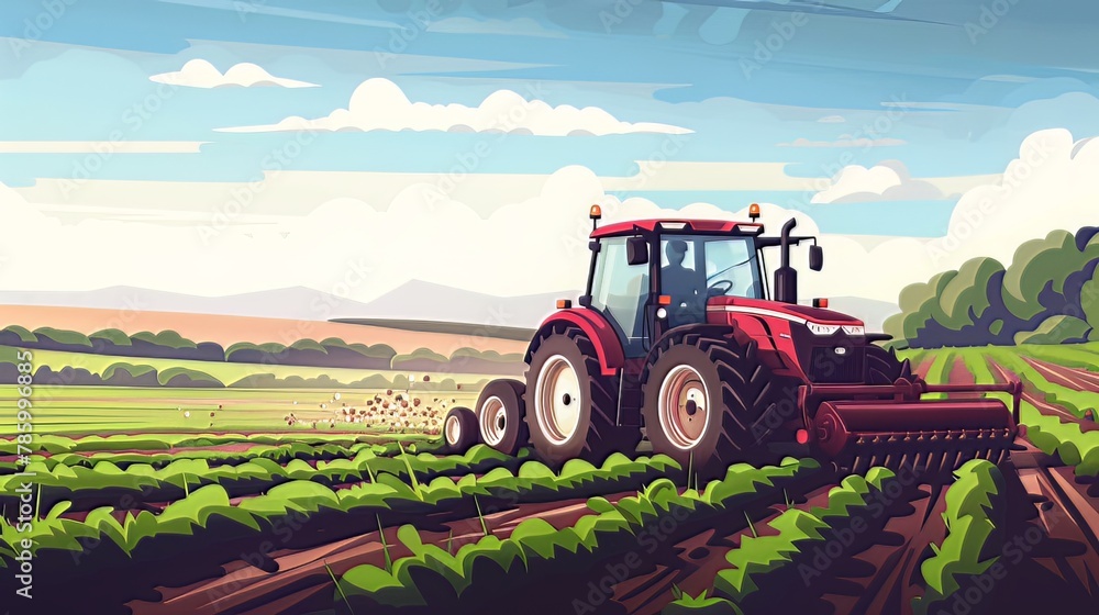 Obraz premium The American farmer is driving a tractor, tending to the fields of a farm, embodying agriculture concepts
