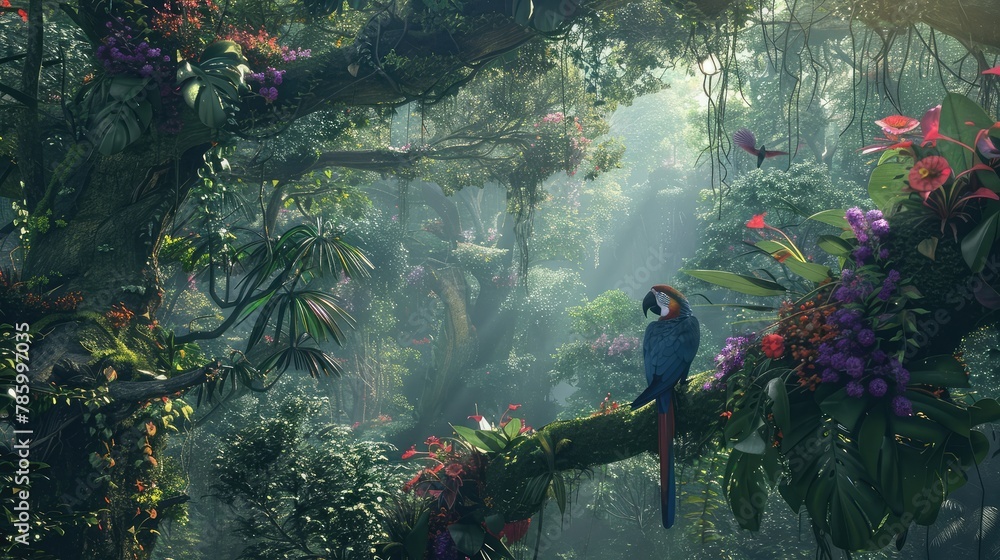 A lush tropical jungle alive with the symphony of nature, with towering trees draped in vines and colorful blooms, and exotic birds flitting among the canopy in a vibrant tapestry of life - obrazy, fototapety, plakaty 