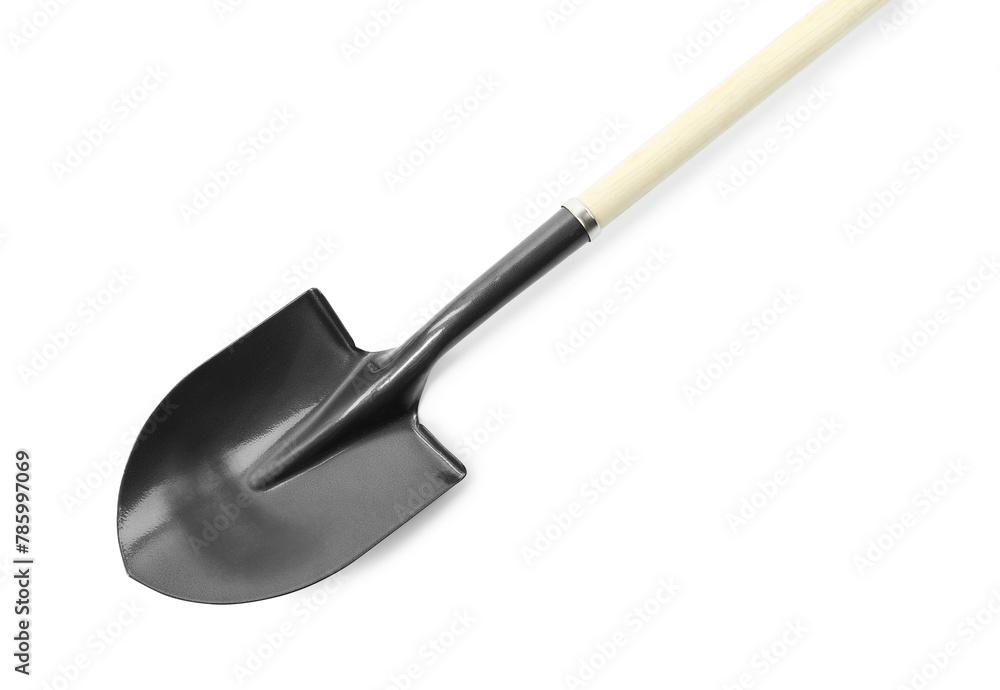 One new shovel with wooden handle isolated on white. Gardening tool One new shovel with wooden handle isolated on white. Gardening tool