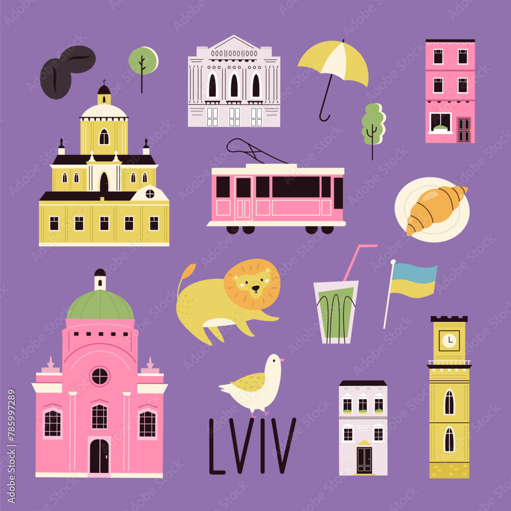 Naklejka premium Colorful design with symbols, landmarks, famous places of Lviv, Ukraine.