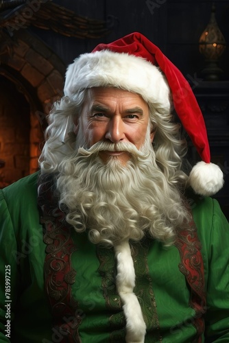 Santa Claus in a red hat and green suit photo