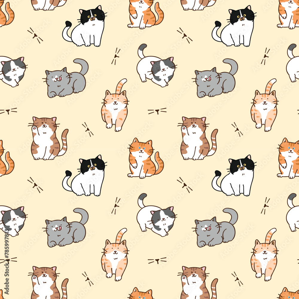 Seamless Pattern of Cartoon Cat Design on Light Yellow Background Seamless Pattern of Cartoon Cat Design on Light Yellow Background
