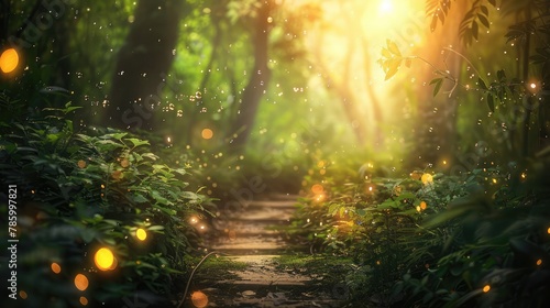 A magical forest pathway bathed in sunlight  surrounded by lush greenery and mystical floating lights.