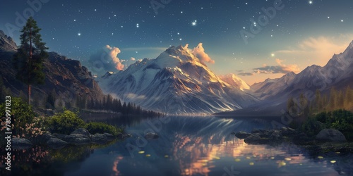 A breathtaking digital artwork of a serene mountain range with a reflective lake under a starry night sky evoking tranquility and awe