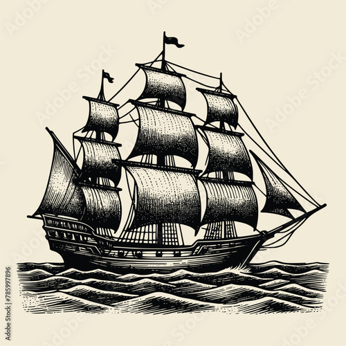 hand drawn ship old engraving vector illustration style. illustration of an old fashioned sailing ship or boat in a vintage etching woodcut style. ship vintage illustration old engraving style